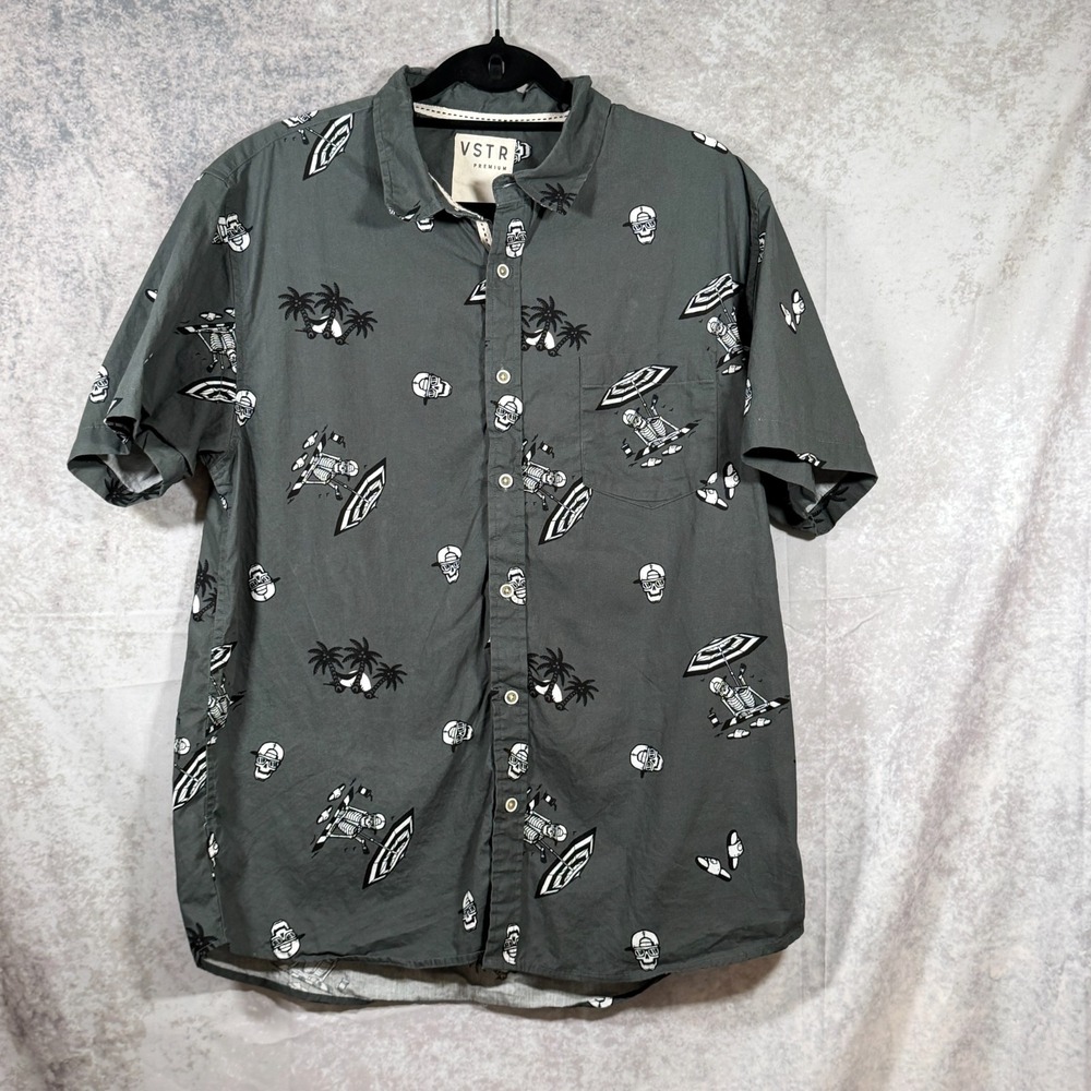 VSTR Premium Mens XL Skull Beach Button Down Short Sleeved Shirt Gray
